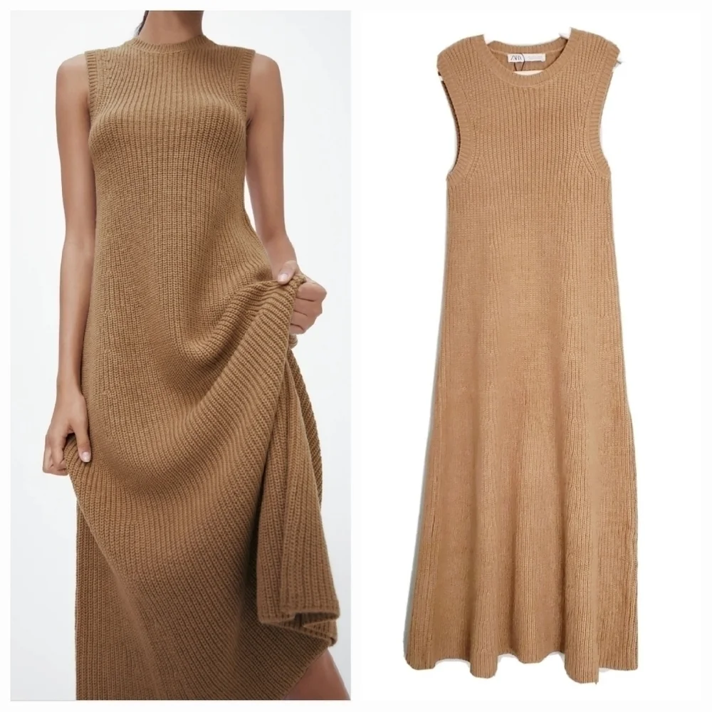 Zara Cable Knit A Line Dress In Tan